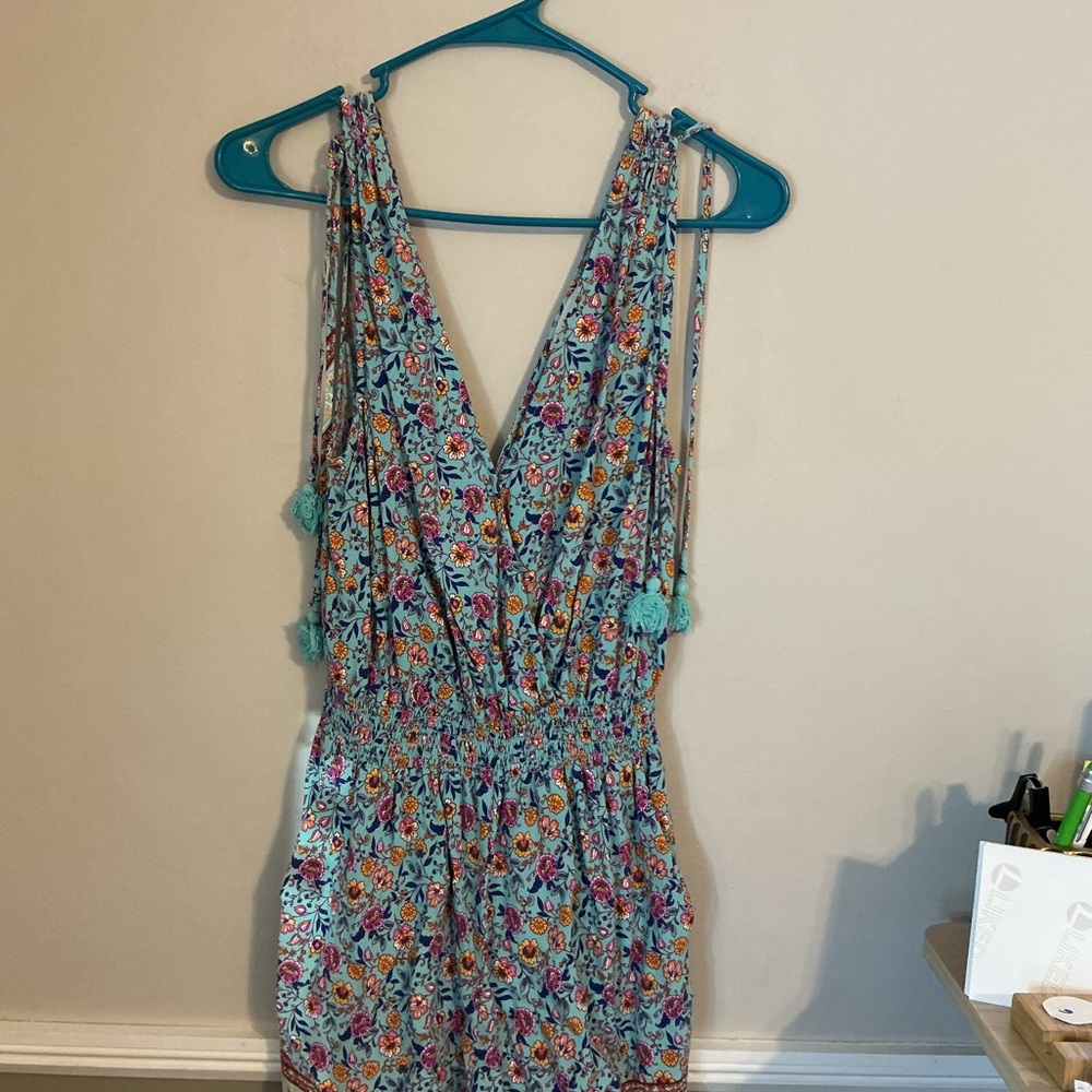 Bebop Boho Floral Sleeveless Romper | Turquoise Blue | Tassel Tie | Size Large - Picture 2 of 15